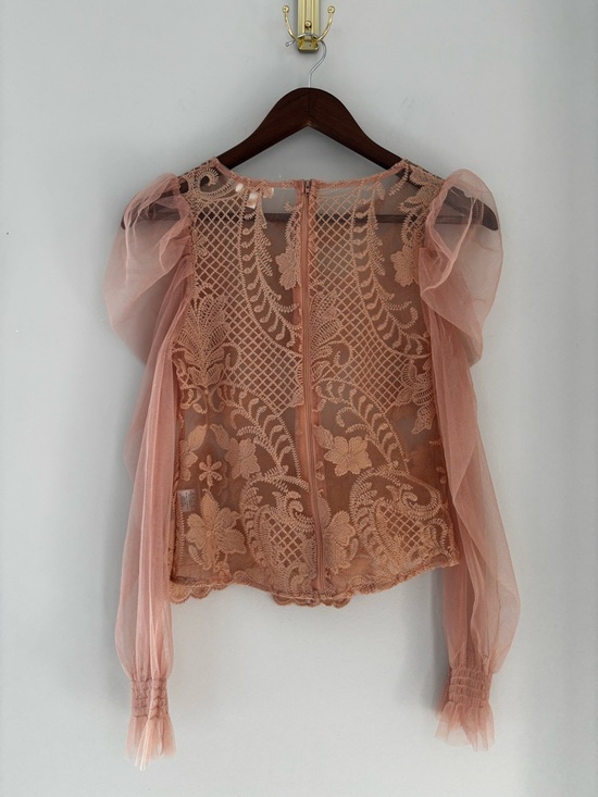 Peach Lace Mesh Puff Sleeve Crop Top Romantic Coquette Sheer Blouse S - Picture 13 of 15